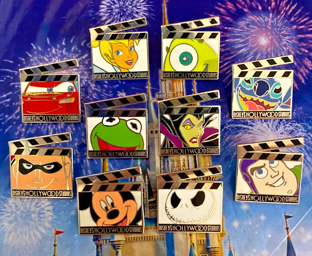 🎬 Disney Hollywood Studios Complete Clapboard 10 Pin Set - Mickey Kermit Stitch