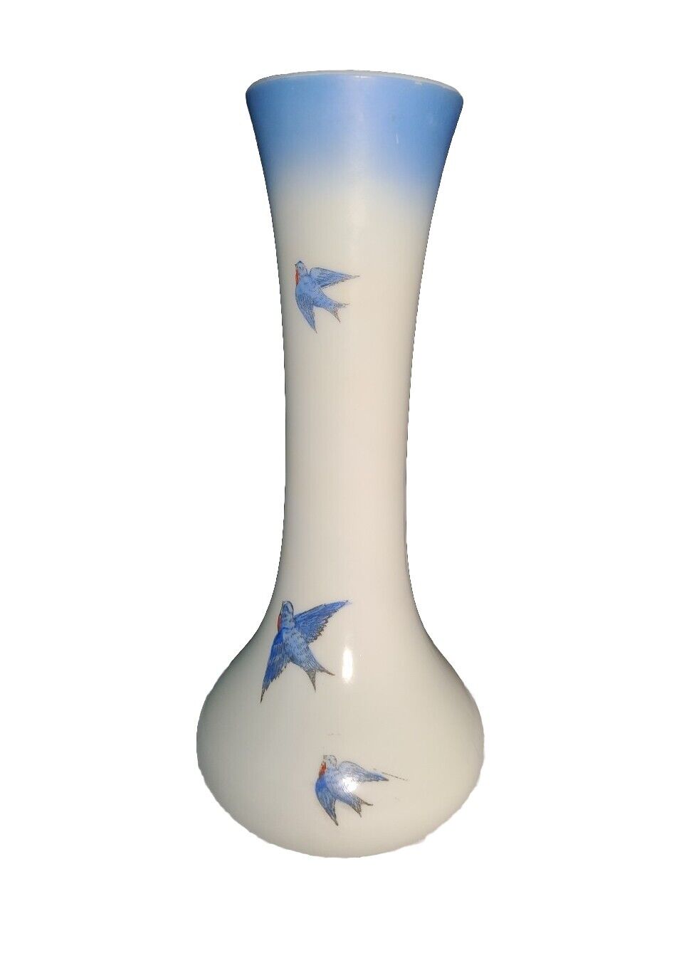 Vintage White Molded Opaque Glass Vase Painted Blue Birds In Flight 13 Inches