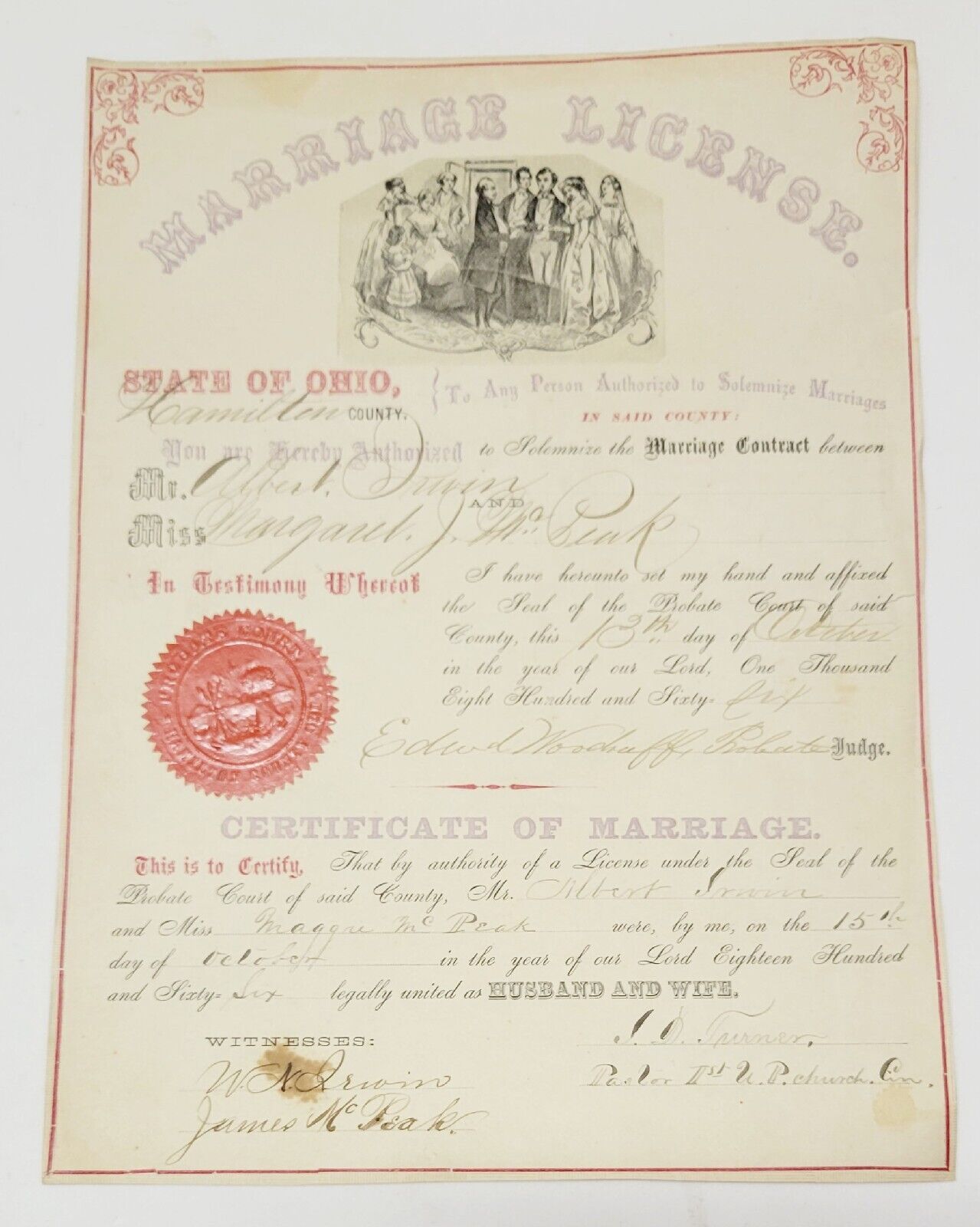 Original 1866 Marriage License Albert Irwin & Margaret McPeak Hamilton Cnty Ohio