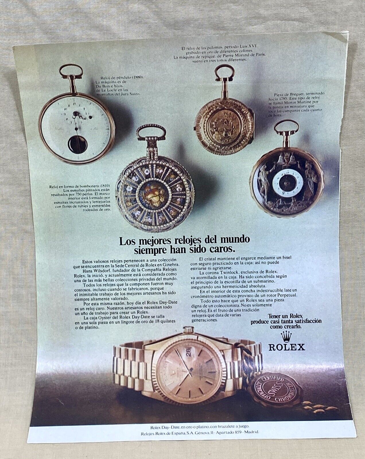 ROLEX 1970\'s 80\'s Brochure Advertisement Page Day-Date Pocket Watch Gold 18kt /