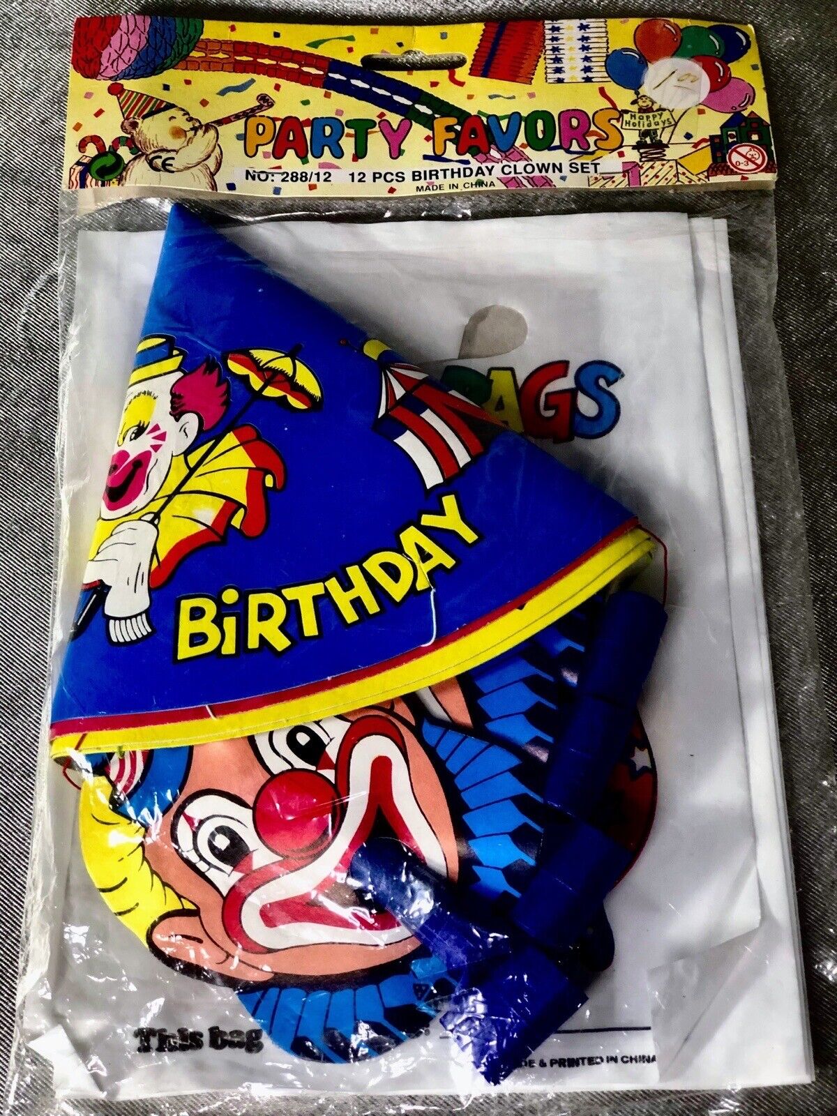 VTG Happy Birthday Circus Clown 4-Party Hats, Blowers, and Gift Bags NOS