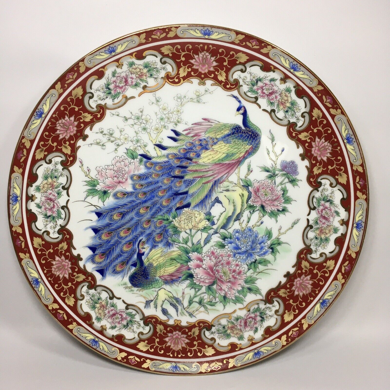 Vintage Toyo Japanese Porcelain Peacock and Peonies Plate Gilt Accents 10.25\
