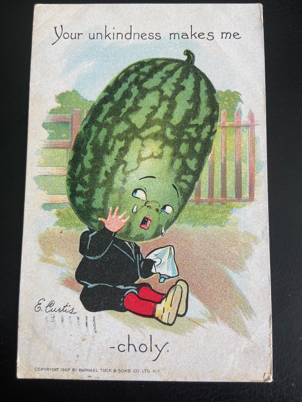 antique vintage Postcard Tucks garden patch watermelon head Anthropomorphic
