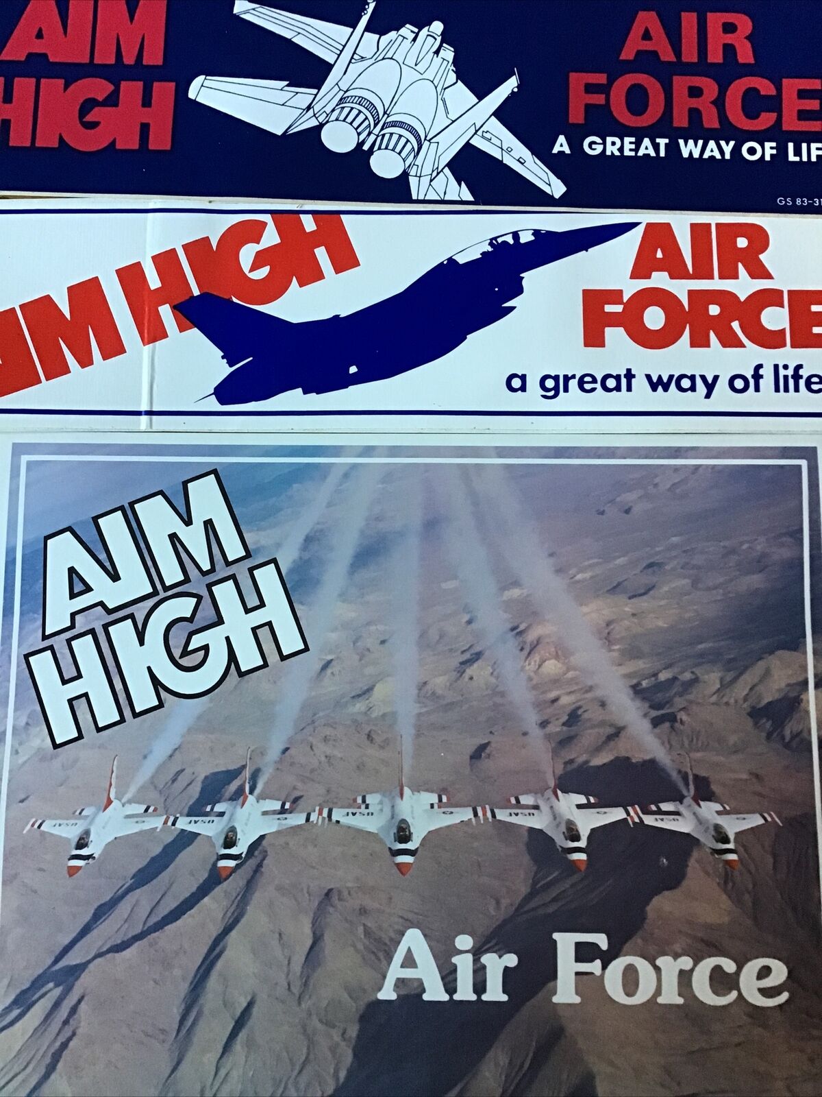 Vintage 1980s Air Force Bumper Stickers and Recruiting photograph  “Aim High”