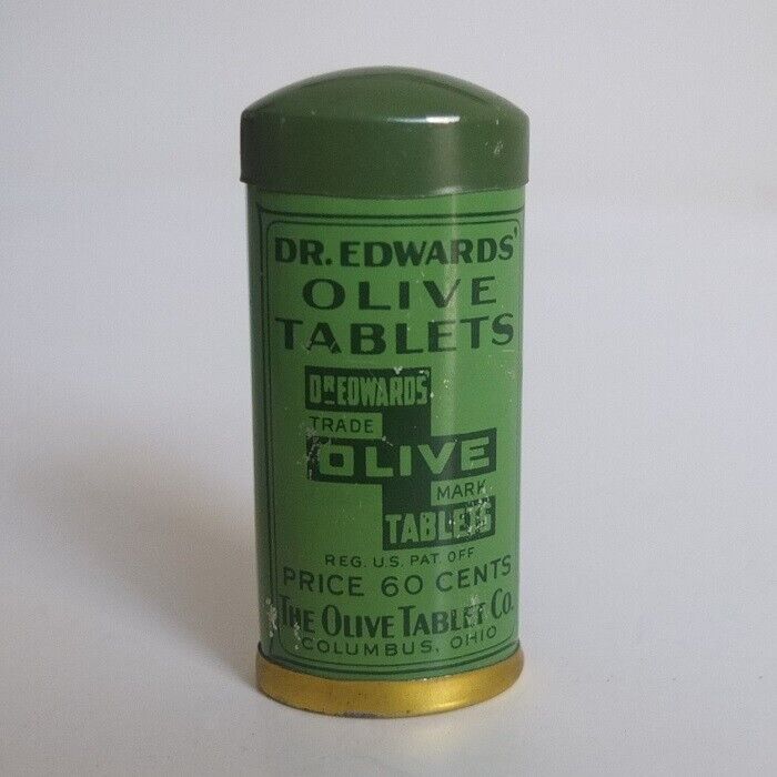 vintage DR. EDWARDS\' OLIVE TABLETS laxative tin, c.1935—rare version—good cond