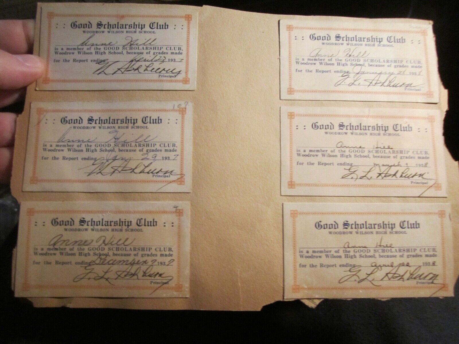 6 GOOD SCHOLARSHIP CLUB I.D. CARDS 1937 - 1938 WOODROW WILSON HIGH SCHOOL BBA-50
