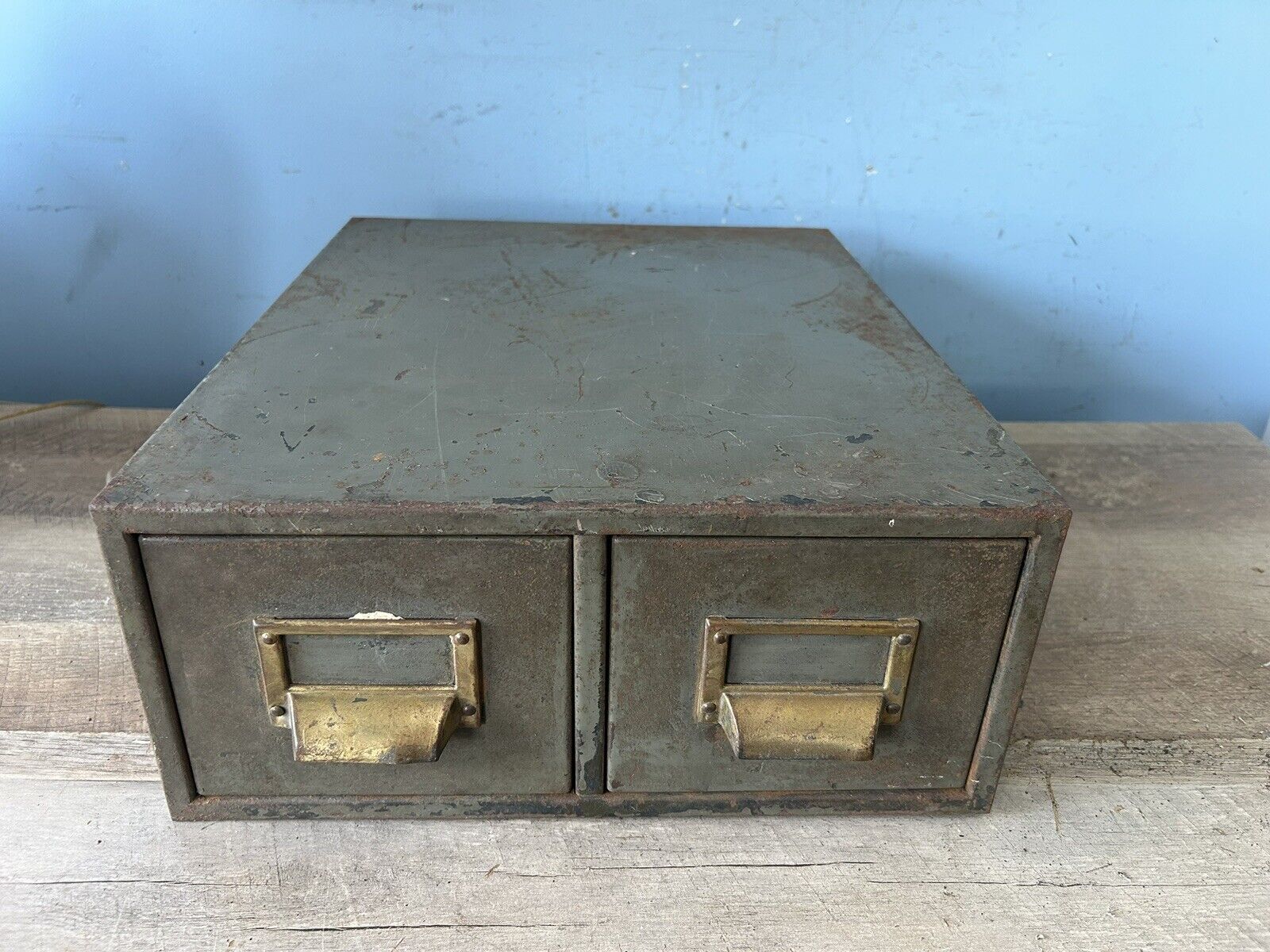 Vintage Industrial Two Draw Metal Cabinet , Brass Handles