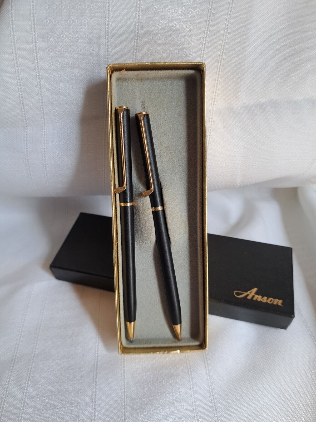 Vintage Anson Pen & Pencil Set Golf Club Logo w Box Rare Gold Tone And Black 