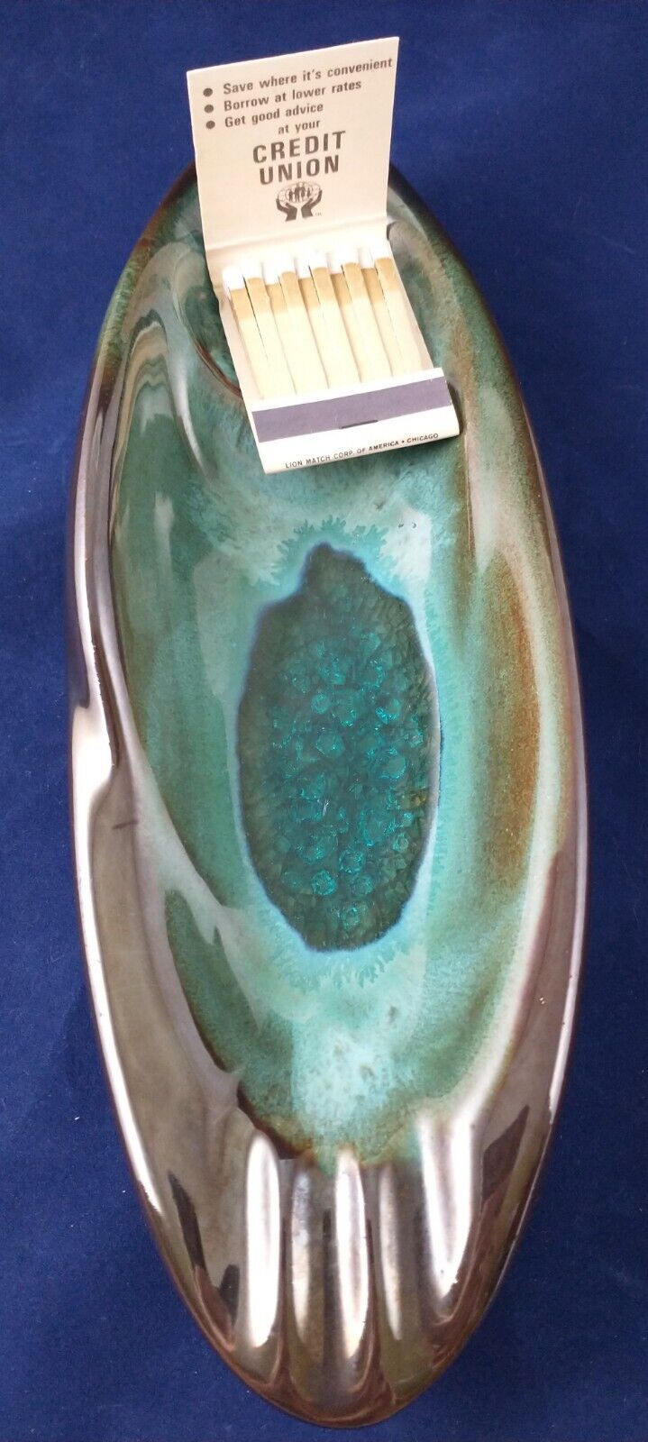 Vintage brown and turquoise Drip Glaze ashtray 9.75\