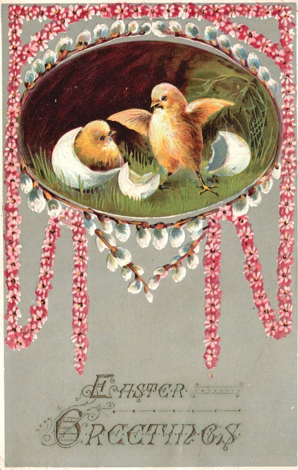 Vintage Postcard 1908 Easter Greetings Egg Hatched Flower Borders Wishes Card