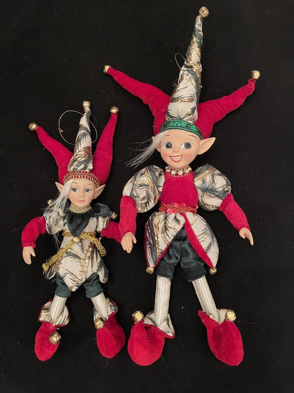 2 PC SET - Christmas Handmade Holiday Posable Elves And Jester Figurines / Dolls