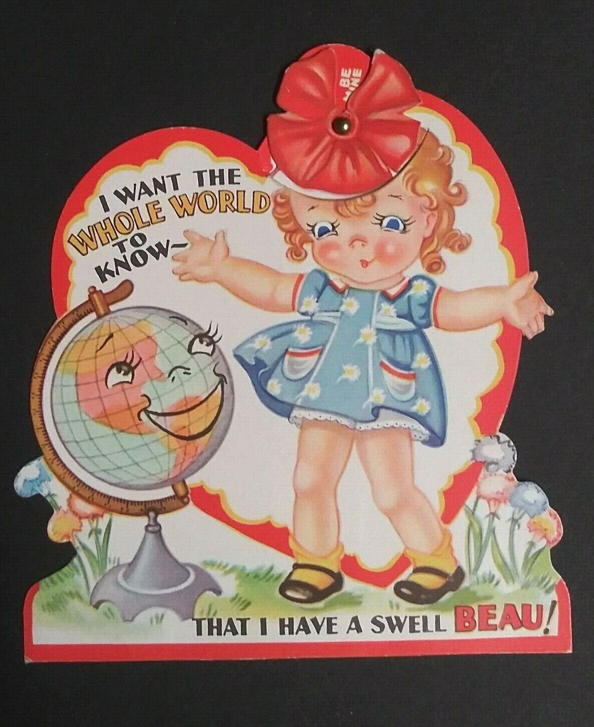Mechanical Girl in Dress w/ Anthropomorphic Globe Valentines Day Card c1930s 