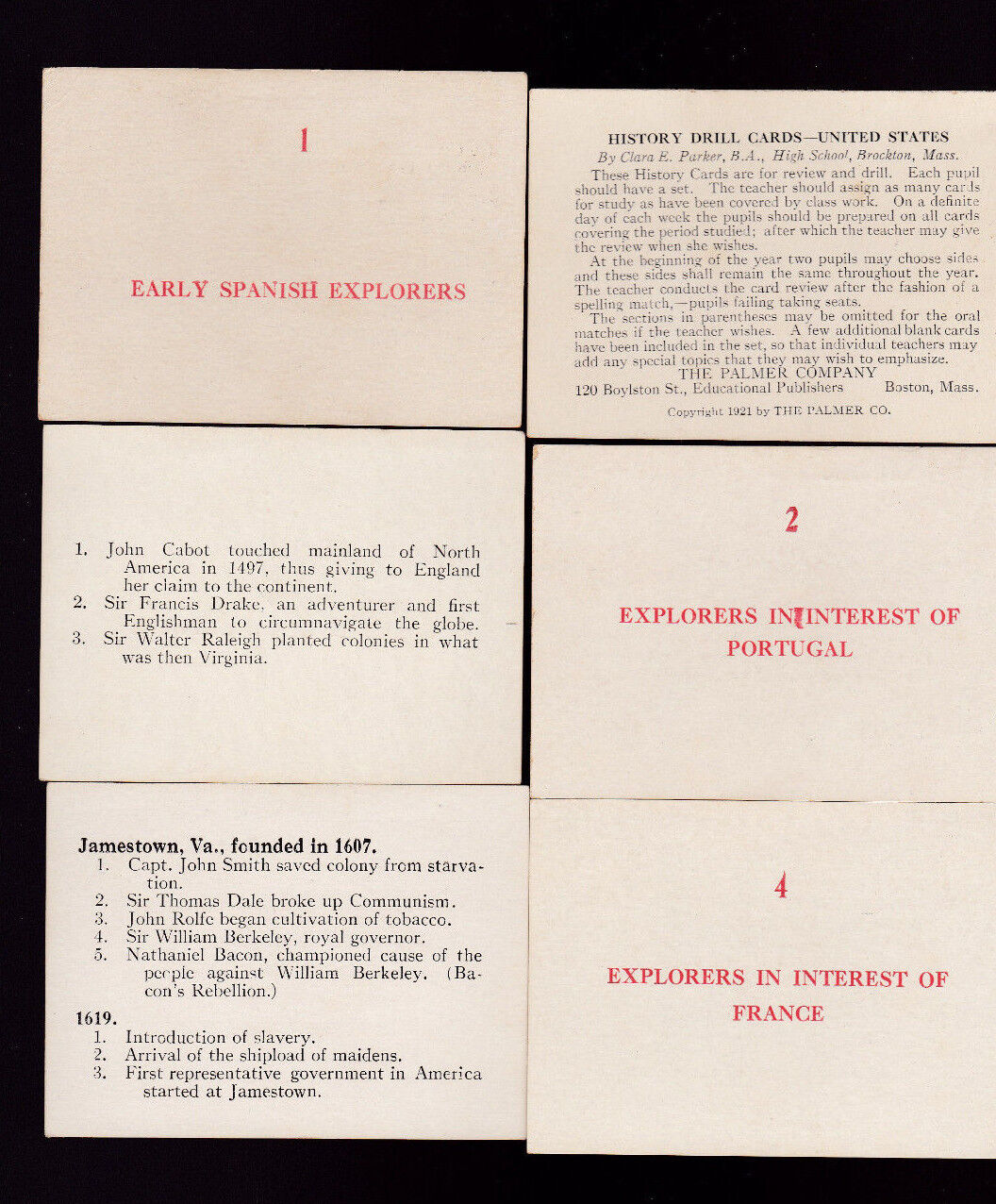 United States History Drill Cards Clara E Parker 1921 Palmer Company in box