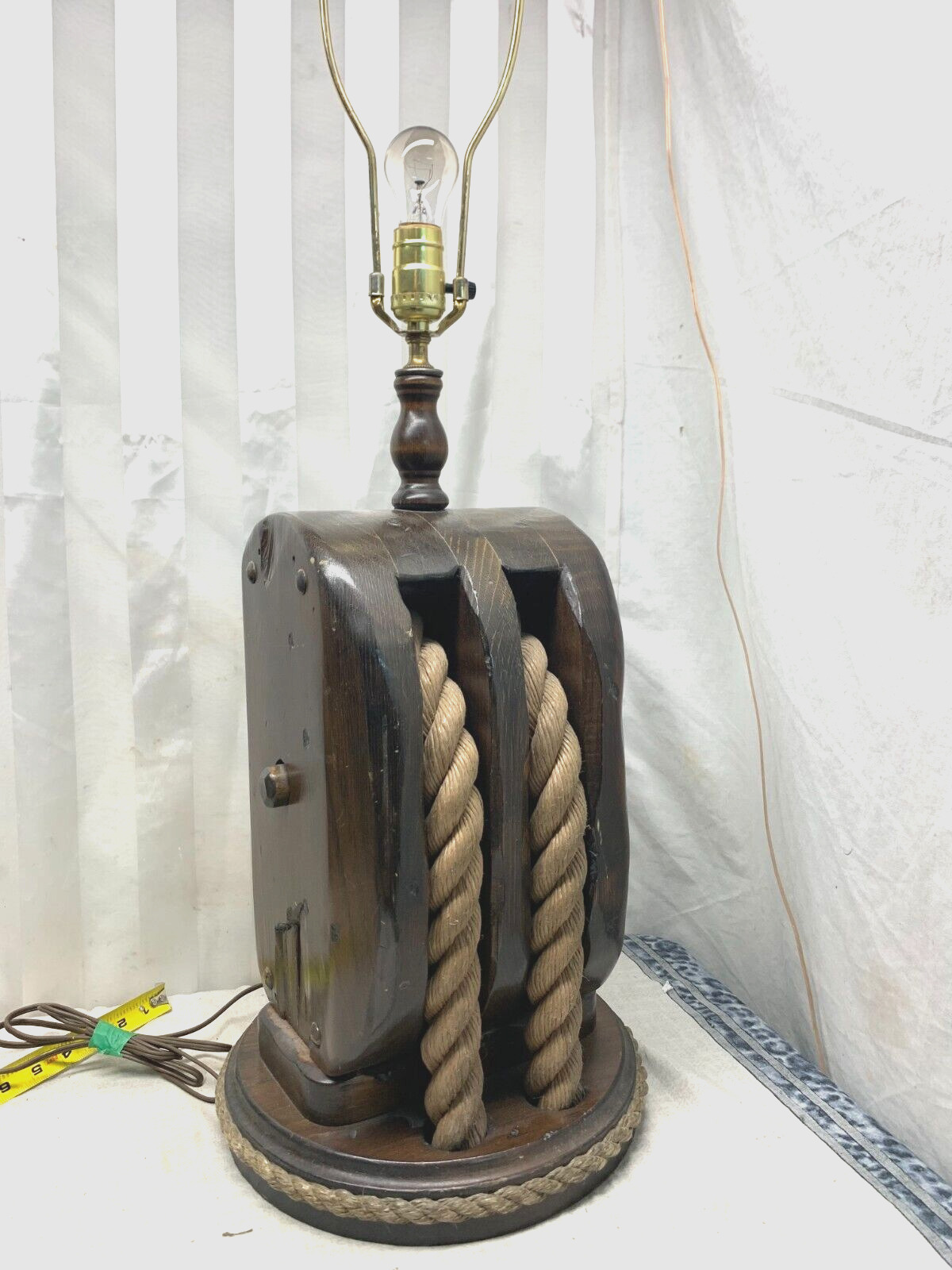Vintage Nautical Electric Table Lamp Double Block Pulley & Rope Marine Maritime