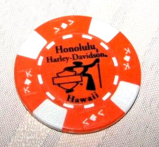 HONOLULU HD~Hawaii~Harley Davidson Poker Chip ~(ORANGE/White AKQJ) WHITE STAMP