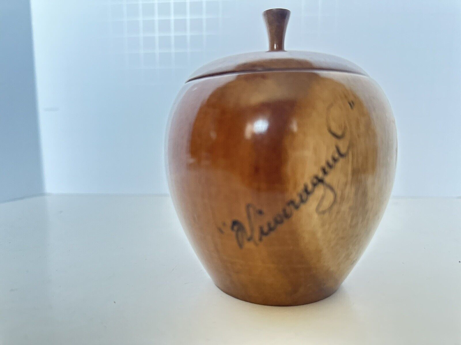 Vintage Wood Apple Trinket Box lid stem Wooden Storage Signed Canister Amazing