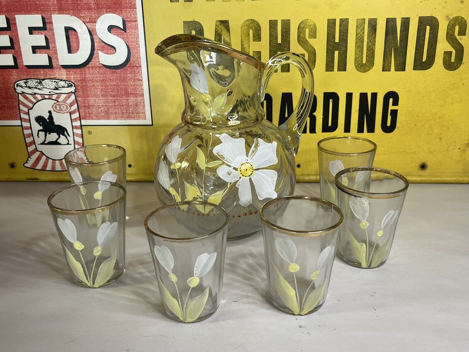 Antique Hand Painted Floral Lemonade Pitcher Set W/ 6 Glasses Victorian Glass