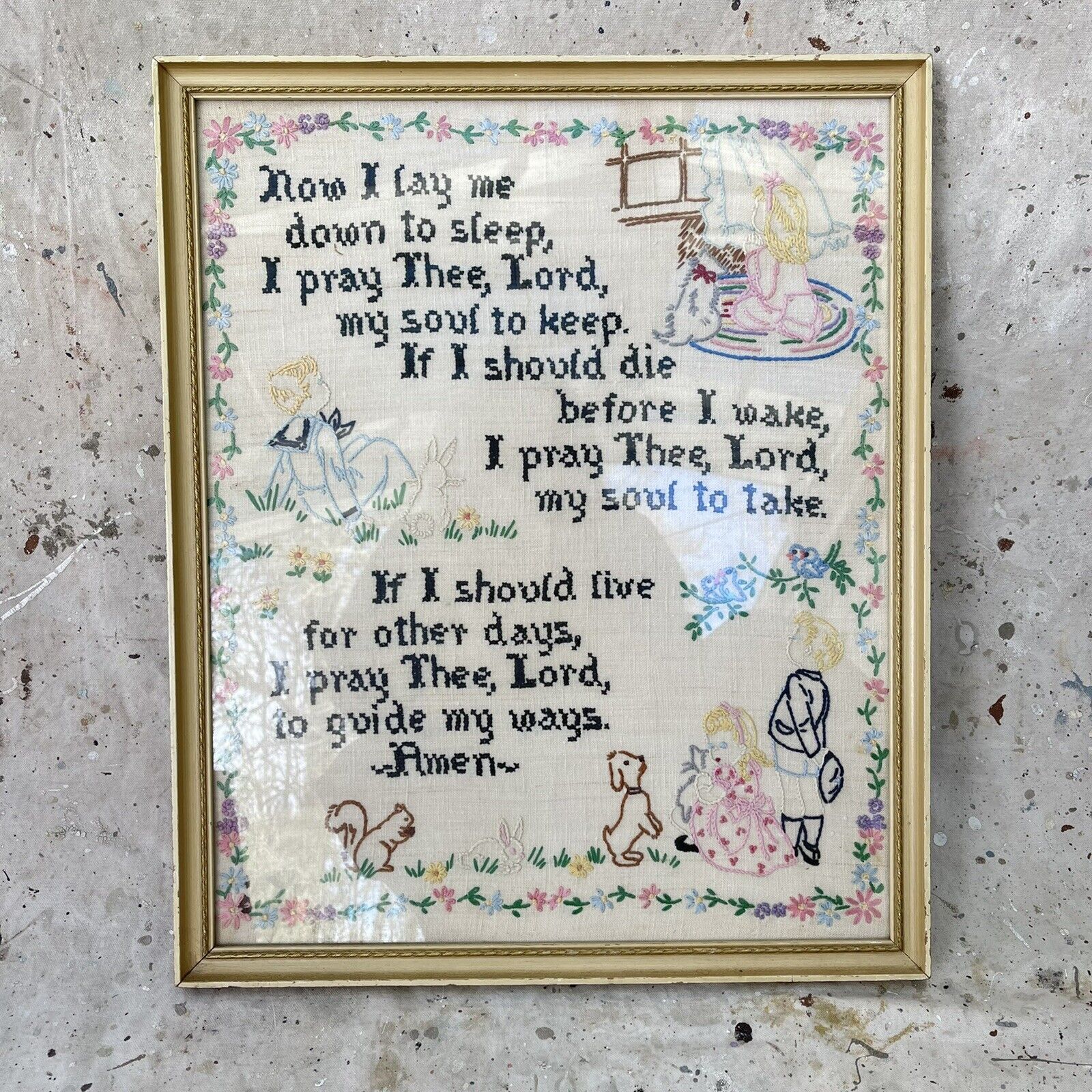 Vintage Antique 1940s Framed with Glass Cross Stitch Embroidery Christian Prayer