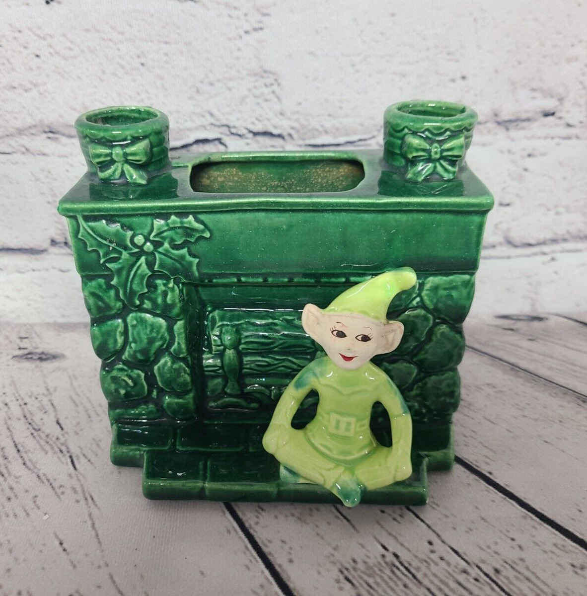 RARE Vtg Treasure Craft Xmas Pixie Elf Fireplace Candle Holder Planter w/Sticker