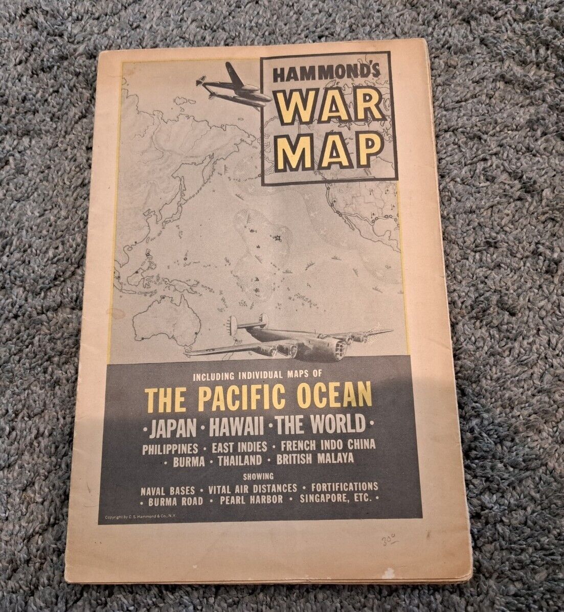 Vintage Hammond's War Map Pacific Ocean Japan Hawaii Burma WWII