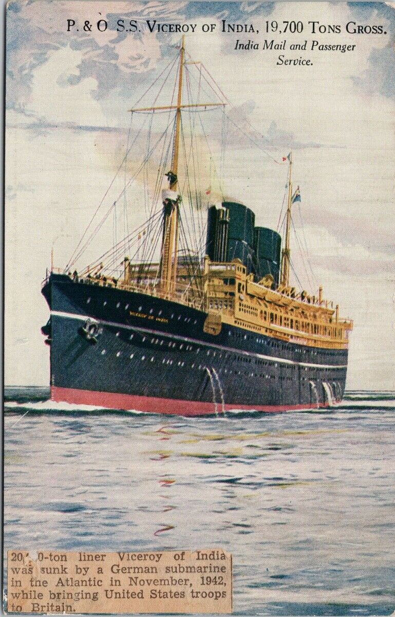 SS \'Viceroy of India\' Ship (Sunk 1942 Newspaper Article Stuck On) Postcard E81