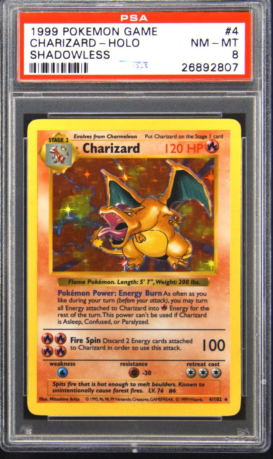 1999 Base Set 4 Charizard Shadowless Holo Rare Pokemon TCG Card PSA 8