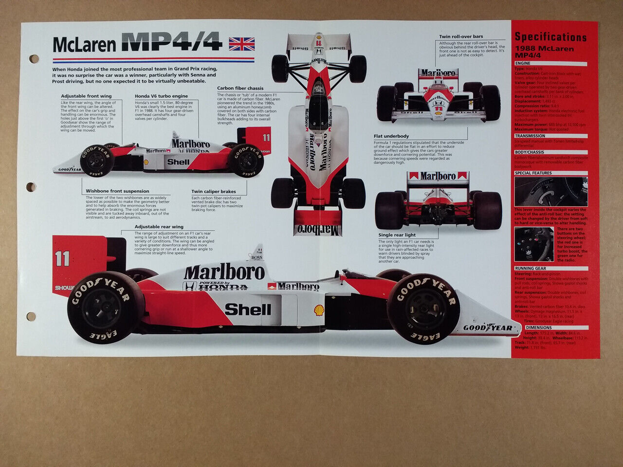 1988 McLaren MP4/4 specs photos 1998 info sheet 