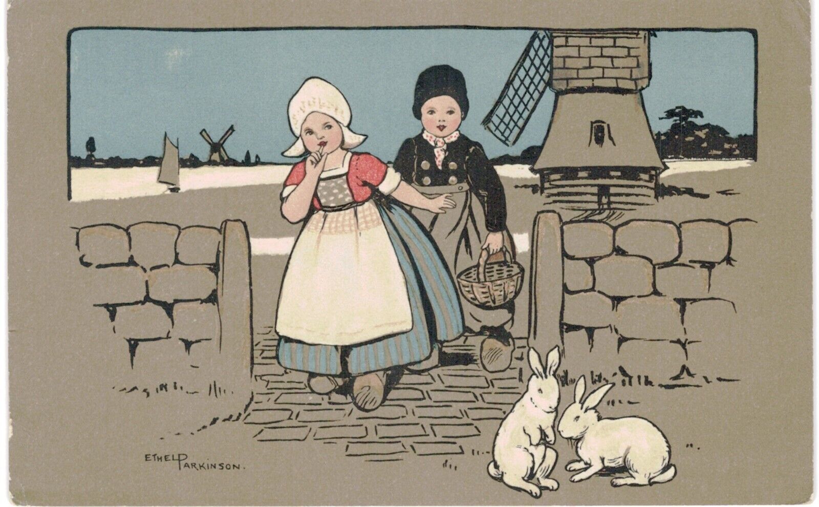 Ethel Parkinson Dutch Children & White Rabbits 1910 