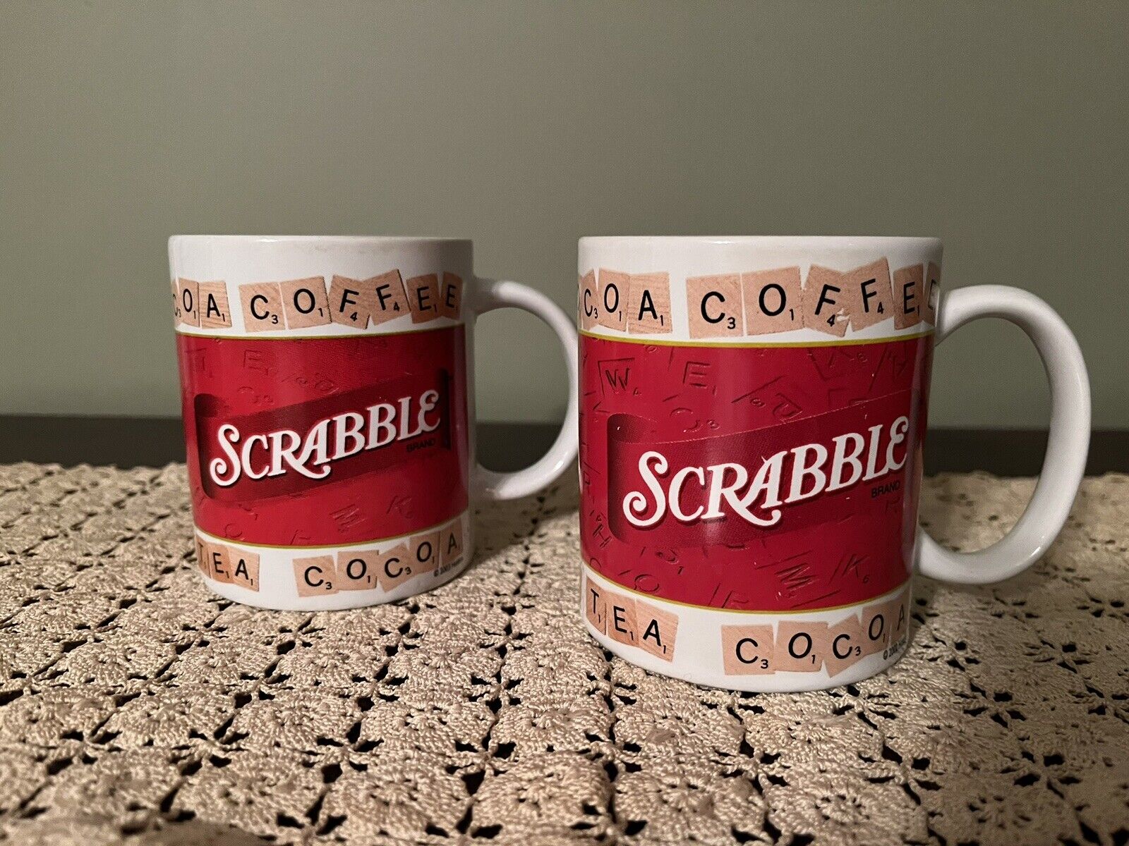 Set of 2/Two Scrabble Mugs Hasbro Cocoa Coffee Tea 8oz