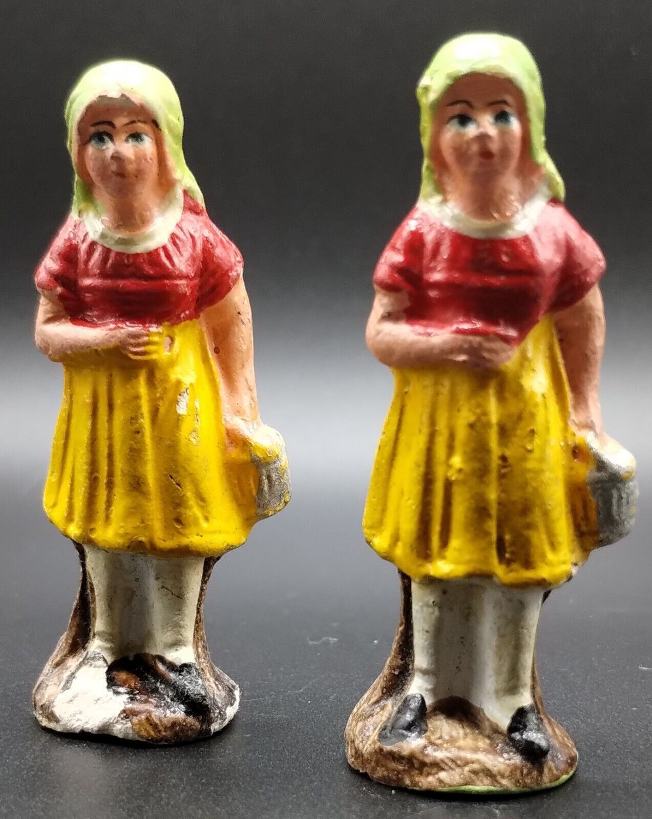 2 Vintage Composition Peasant Girl Figures Made In Germany Yellow Skirts