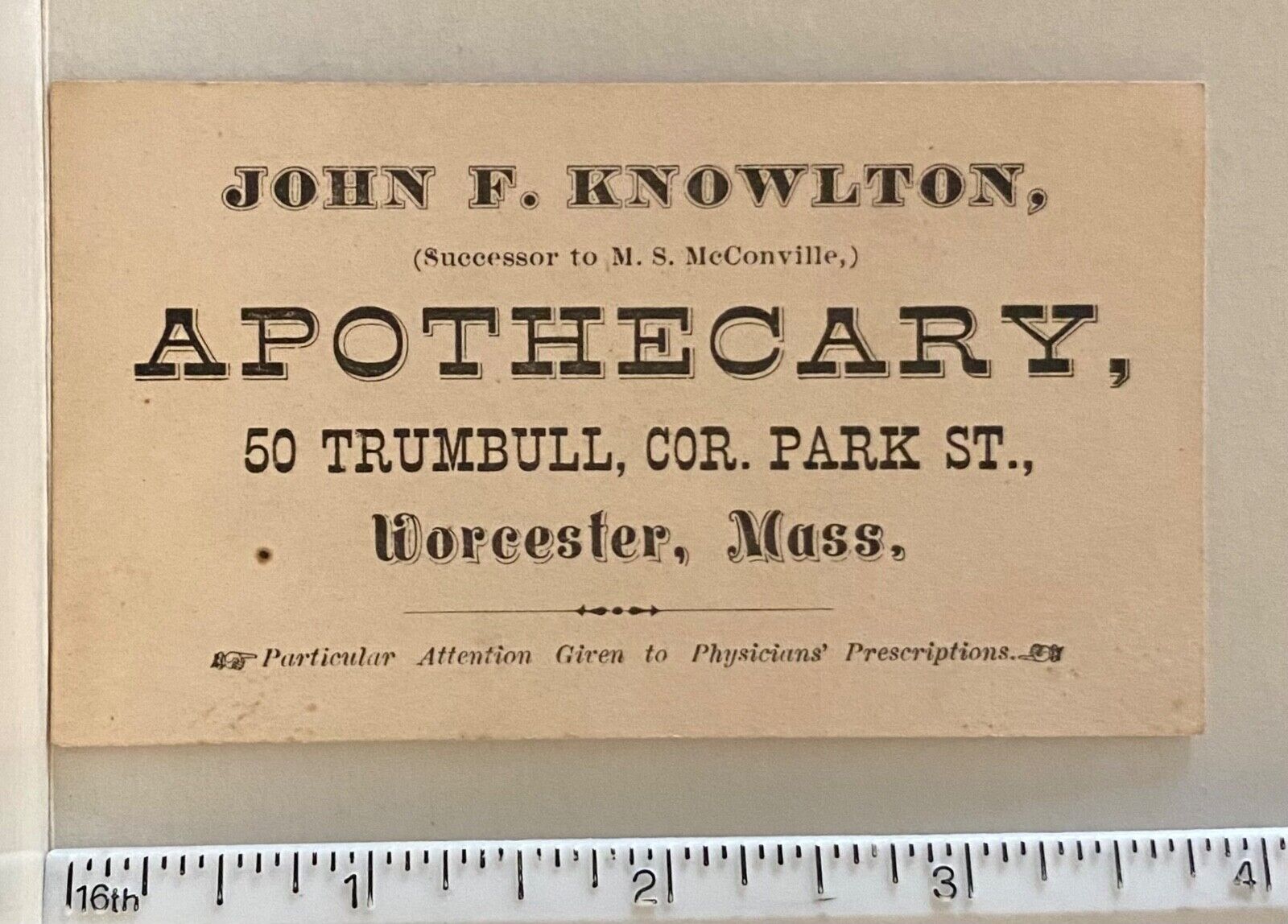 John F. Knowlton APOTHECARY WORCESTER MASSACHUSETTS ~ Victorian Business Card