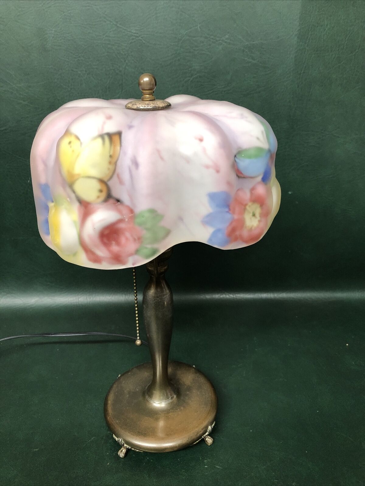 Antique Pairpoint Boudoir Lamp ~Reverse Painted Puffy Shade w/Butterflies Floral
