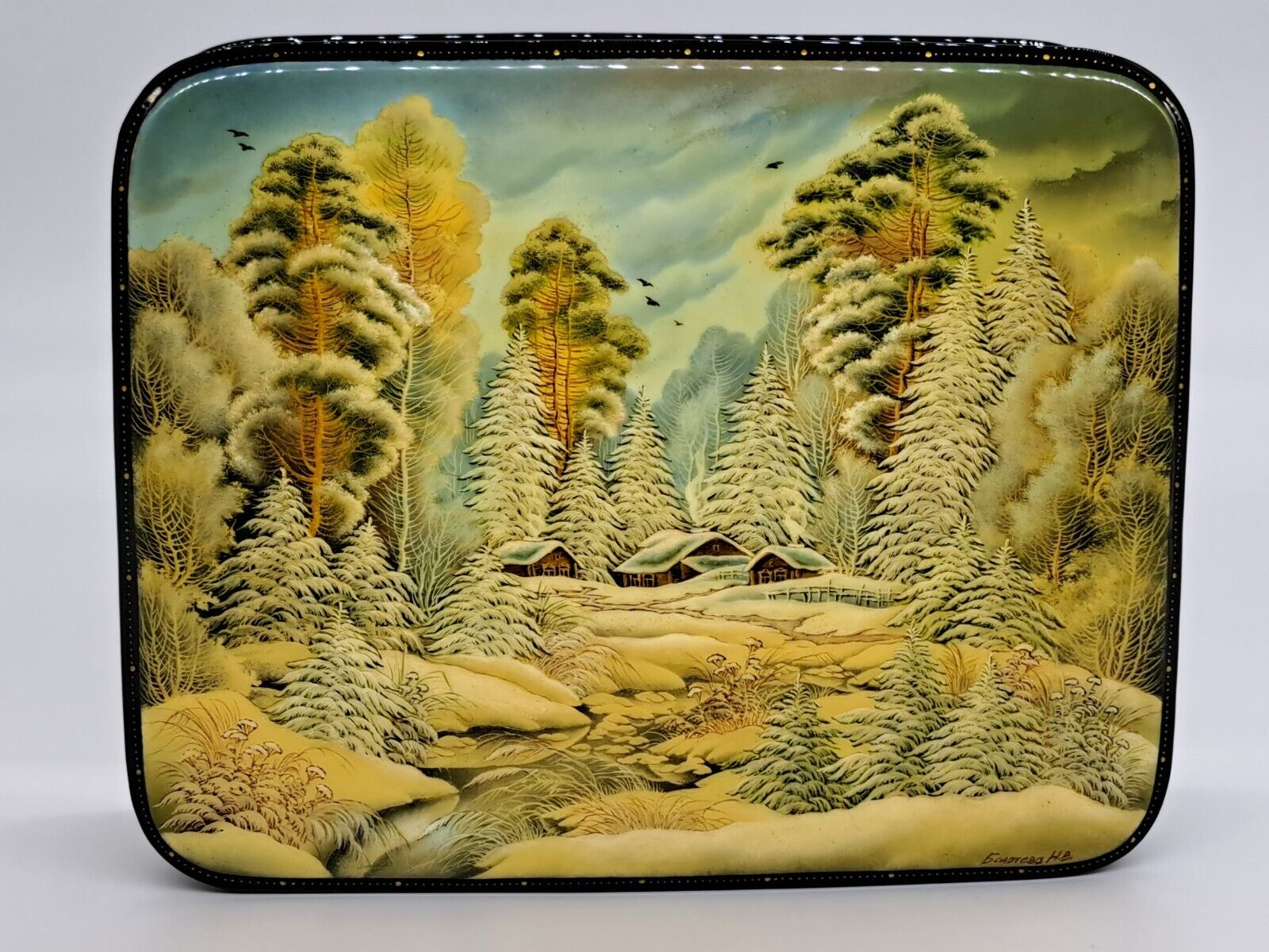 Fedoskino Russian Lacquer miniature box Winter landscape Handmade by Bolotova