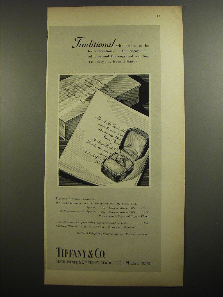 1954 Tiffany & Co. Wedding Stationery and Diamond Rings Ad - Traditional