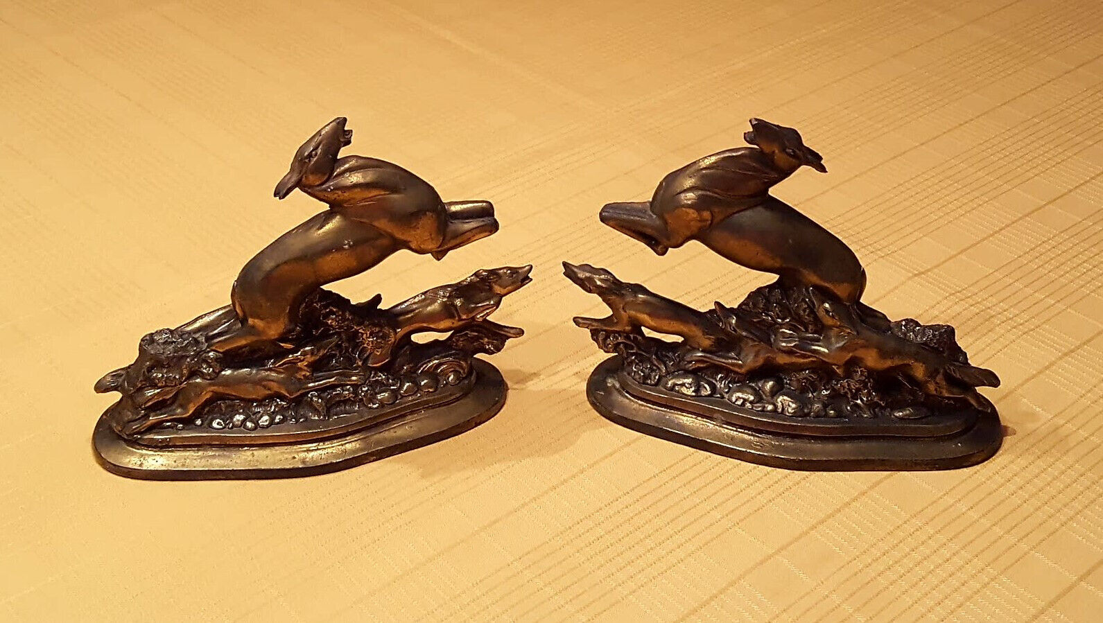 Vintage Pair of Cast Metal Statues/Bookends “Gazelle and Wolves” – #524