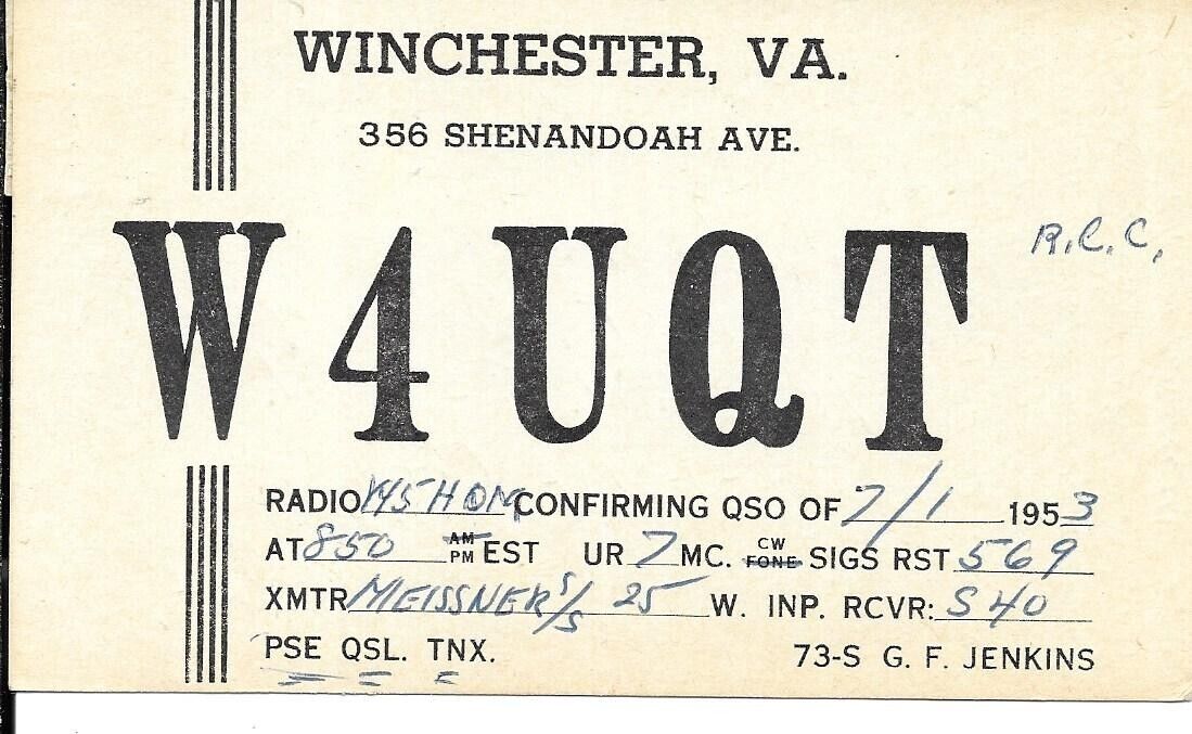 QSL 1953   Winchester Virginia   radio card