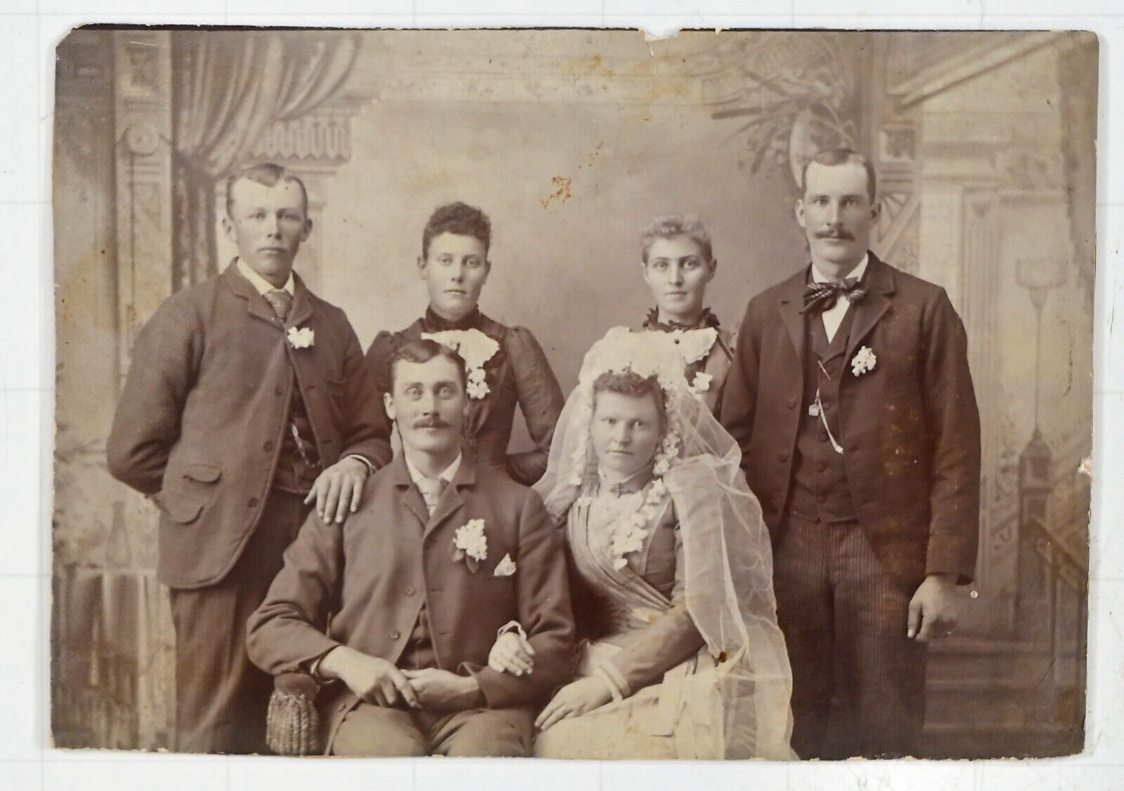 1880s Wedding Party - Bride, Groom, 2 Bridesmaids, 2 Groomsmen; Antique Photo