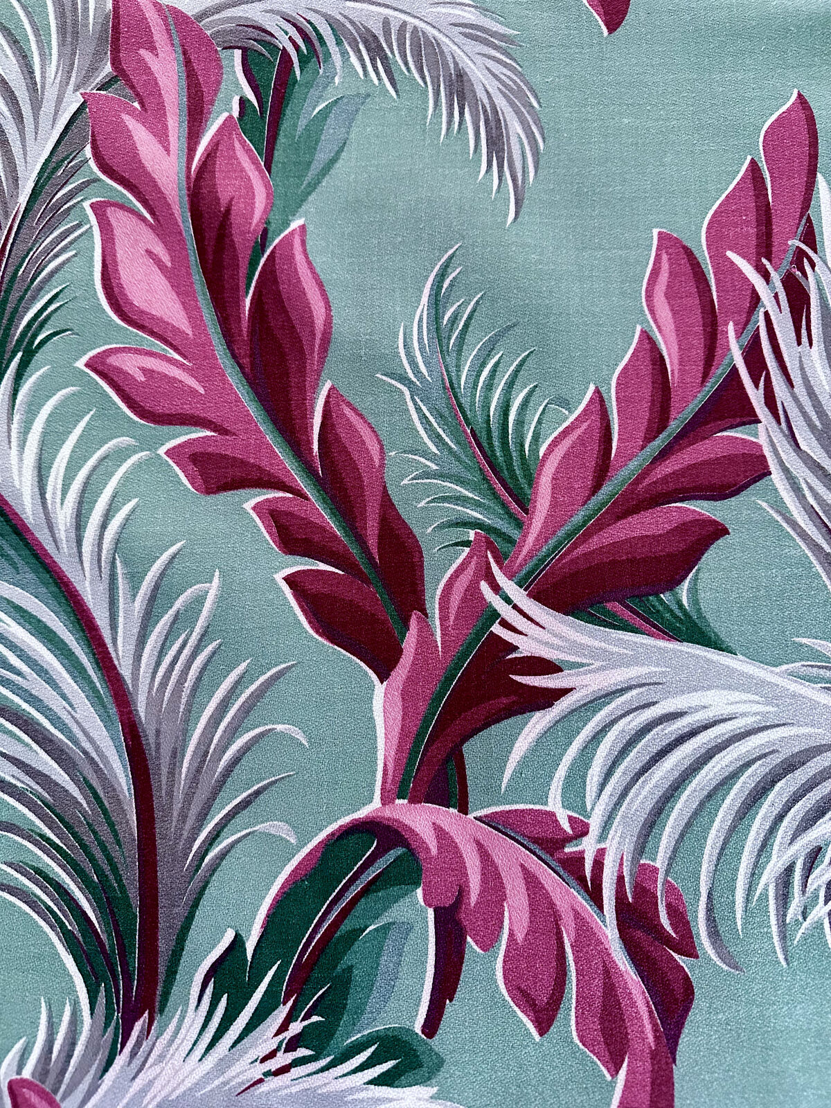 30\'s Art Deco Hawaiiana in Miami Beach Seafoam Purples Barkcloth Vintage Fabric