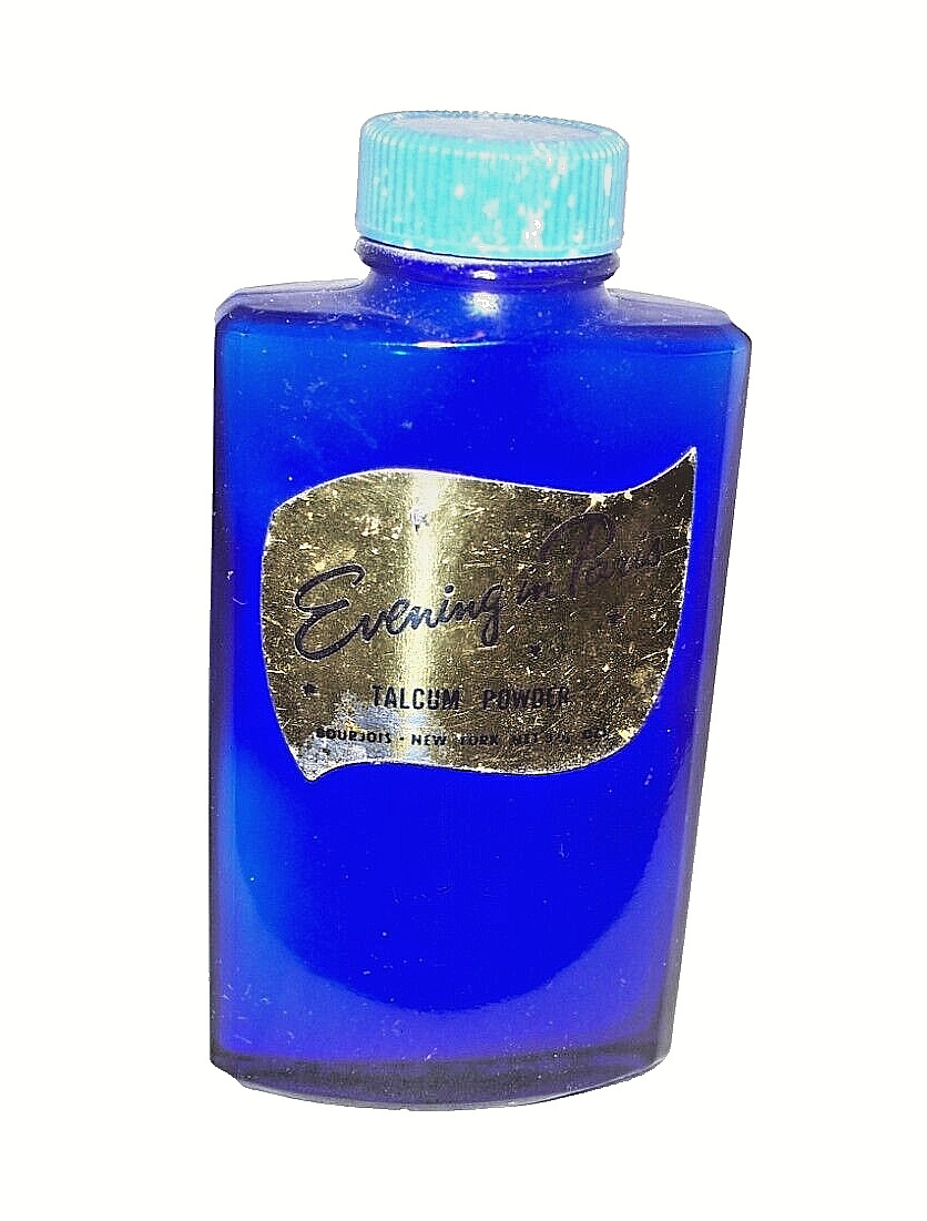 Evening In Paris Talcum Powder Cobalt Blue Glass Bottle Vintage Bourjois NY