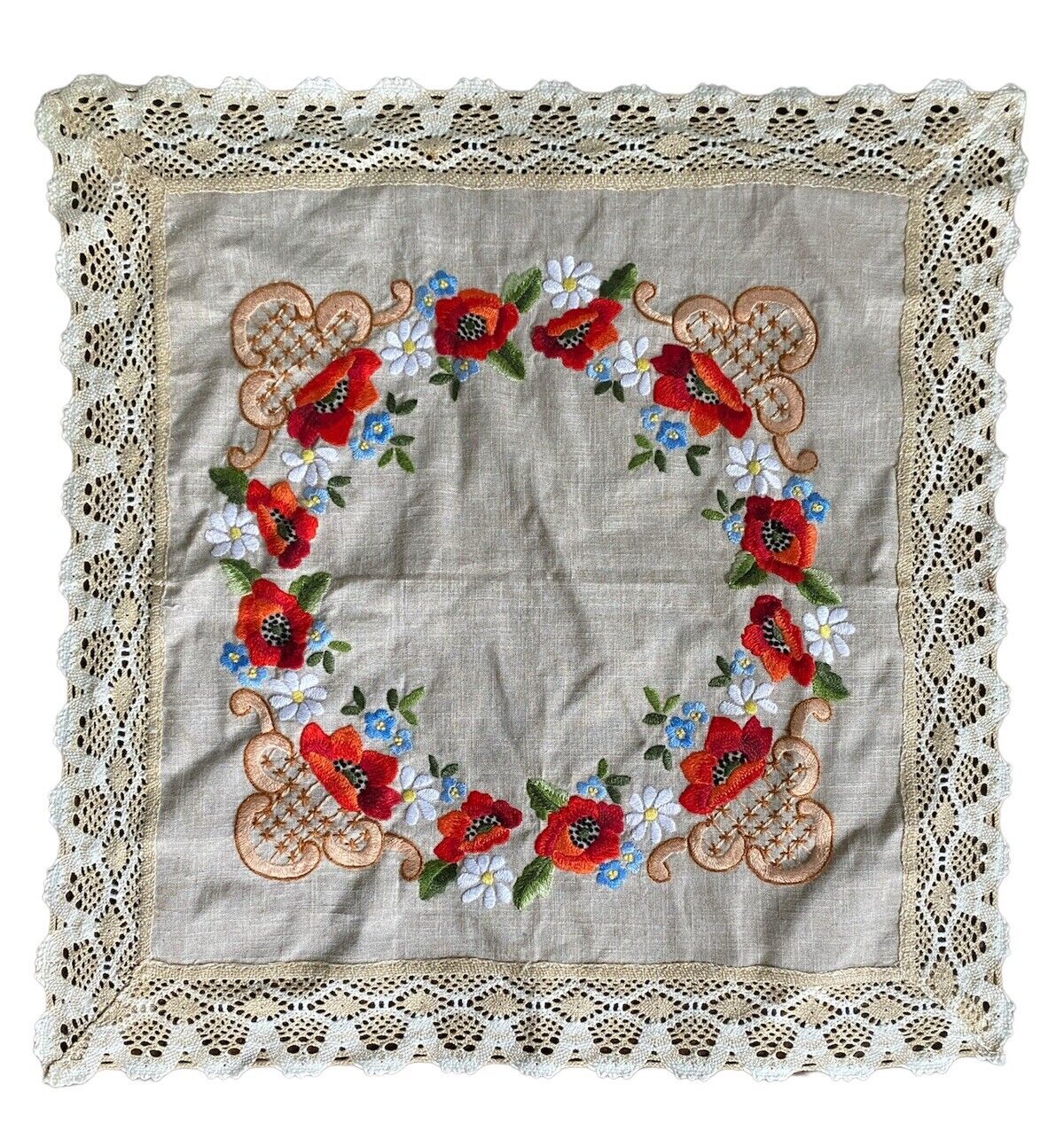 Vintage Linen Tablecloth Floral Needlepoint Embroidery Lace Trim Cottagecore 32”