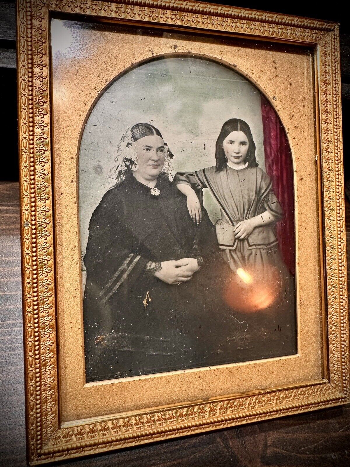 TINTED 1/4 AMBROTYPE WOMAN & DAUGHTER IN HEAVY FRAME VICTORIAN ERA PHOTO