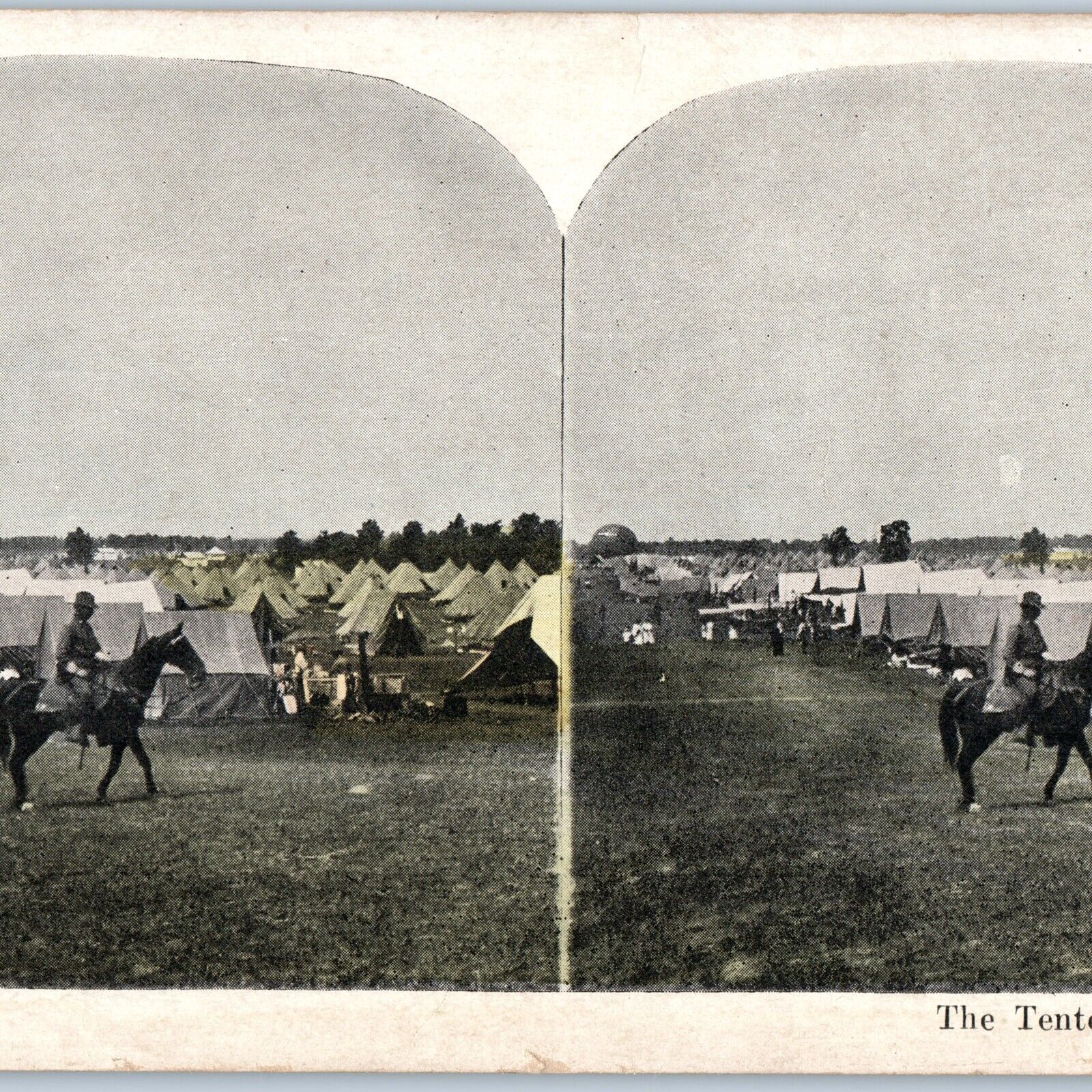 c1910s WWI US Army Camp Tent City Stereoview Man Horse Cook Stove Military V34