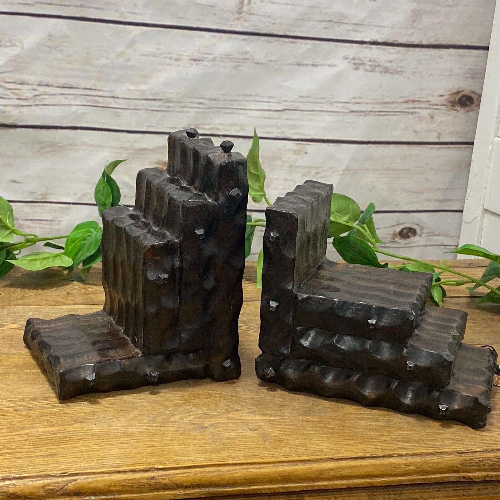 VTG Rustic Carved Bookends Handcrafted Mountain Artisan Spanish Wood Square Nail