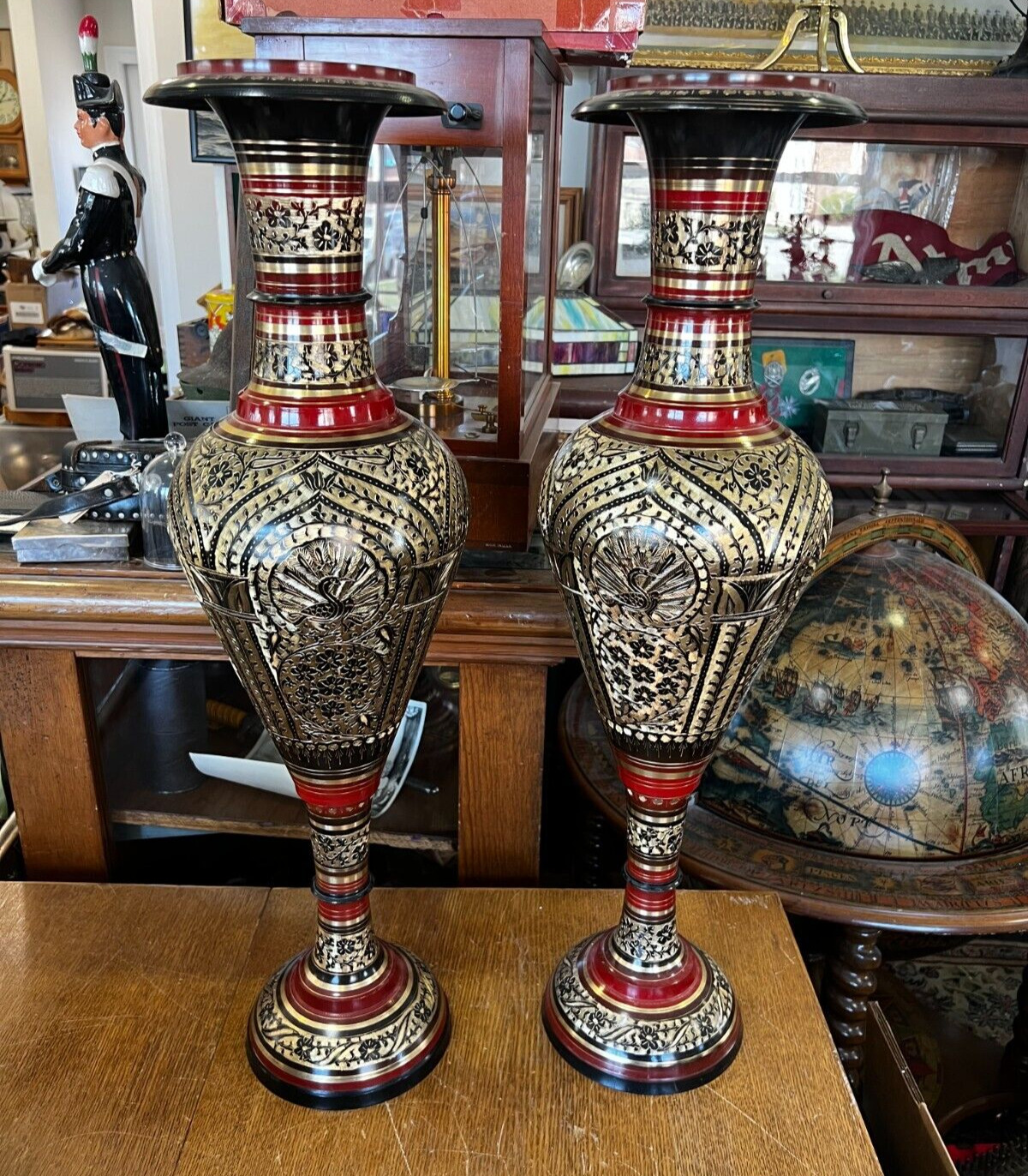Pair of Hand Etched Brass and Enamel 30 Inch Tall Vases with a Peacock Design