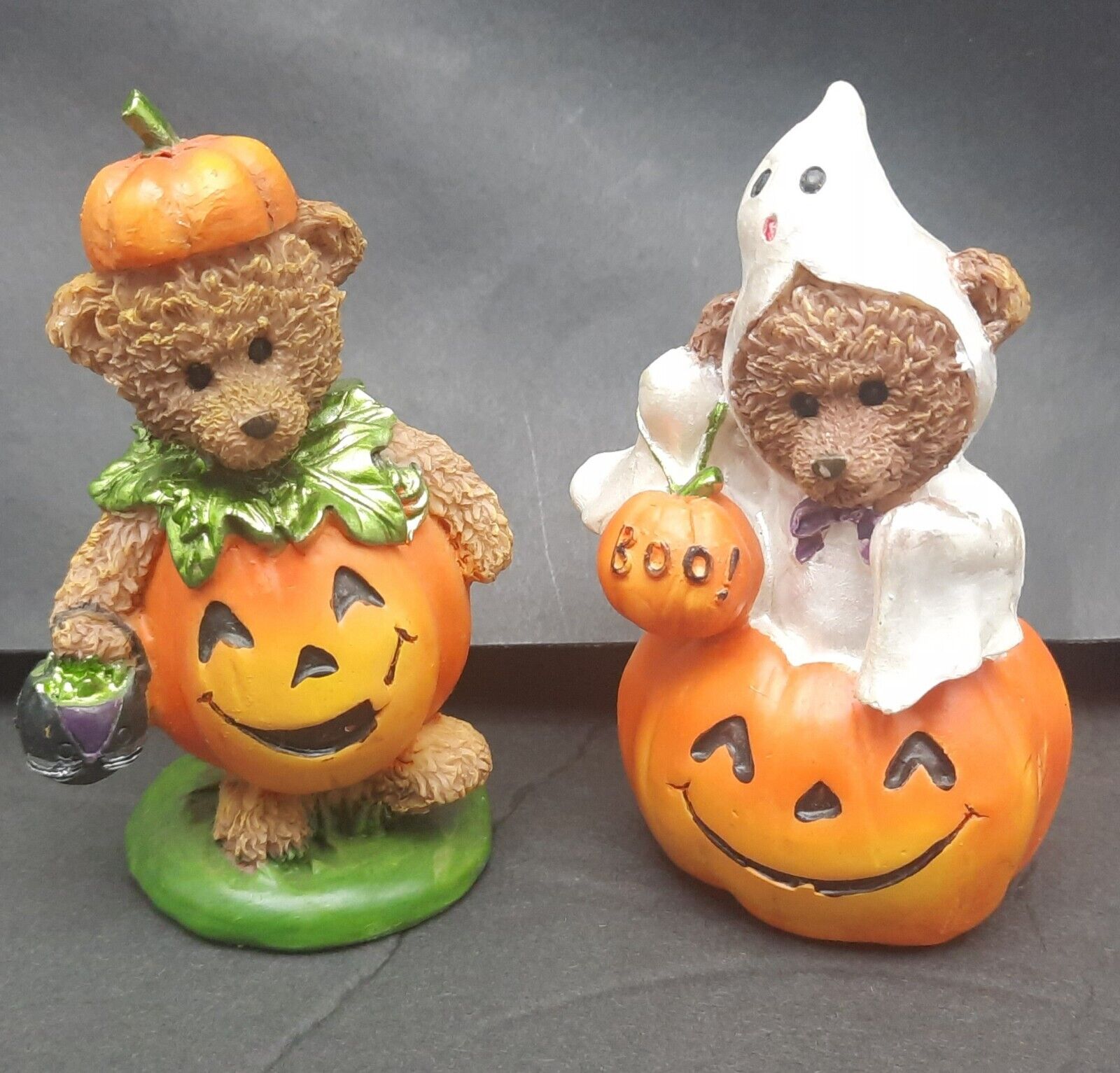 Vintage Young Teddy Bears Pumpkin Jack-o-lantern & Ghost Halloween Spooky Resin
