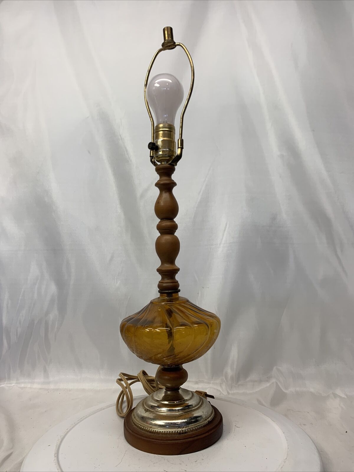 Vintage Amber Glass MCM Table Lamp Wood Metal Base Decor