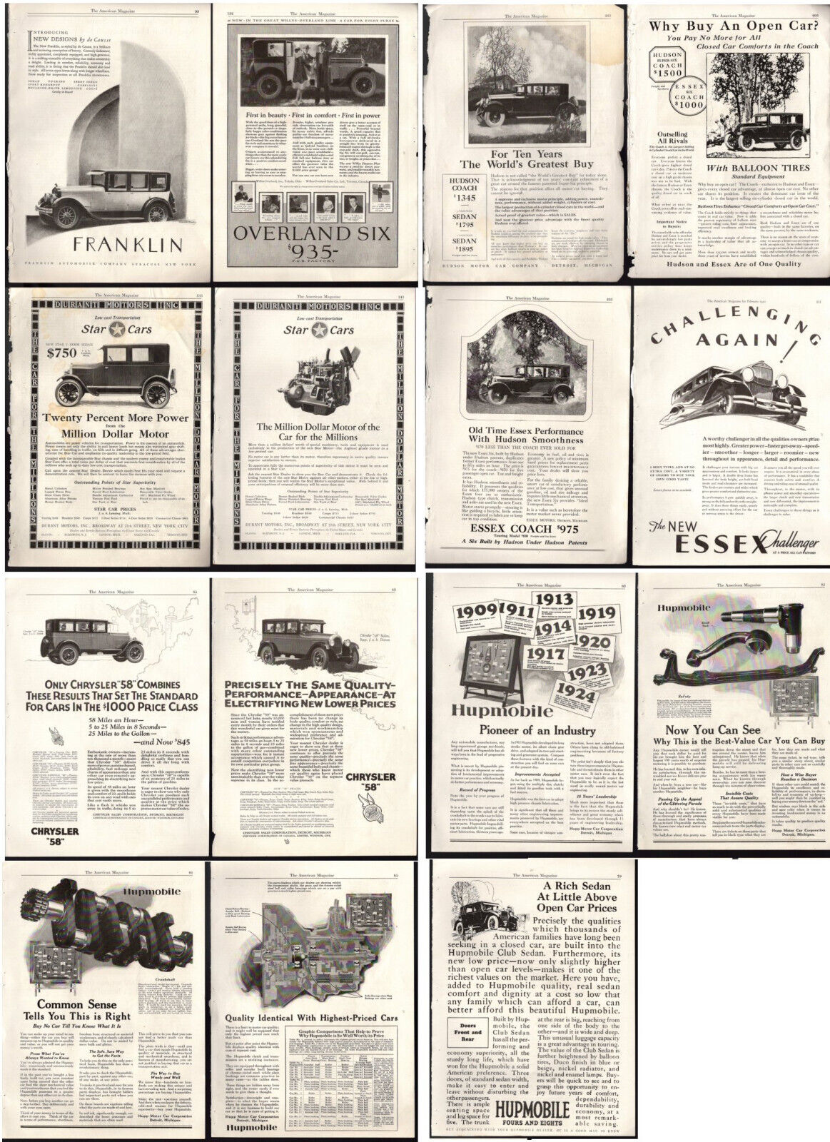 1920s Ads 15 HUDSON, ESSEX, HUPMOBILE, FRANKLIN, DURANT, CHRYSLER, OVERLAND
