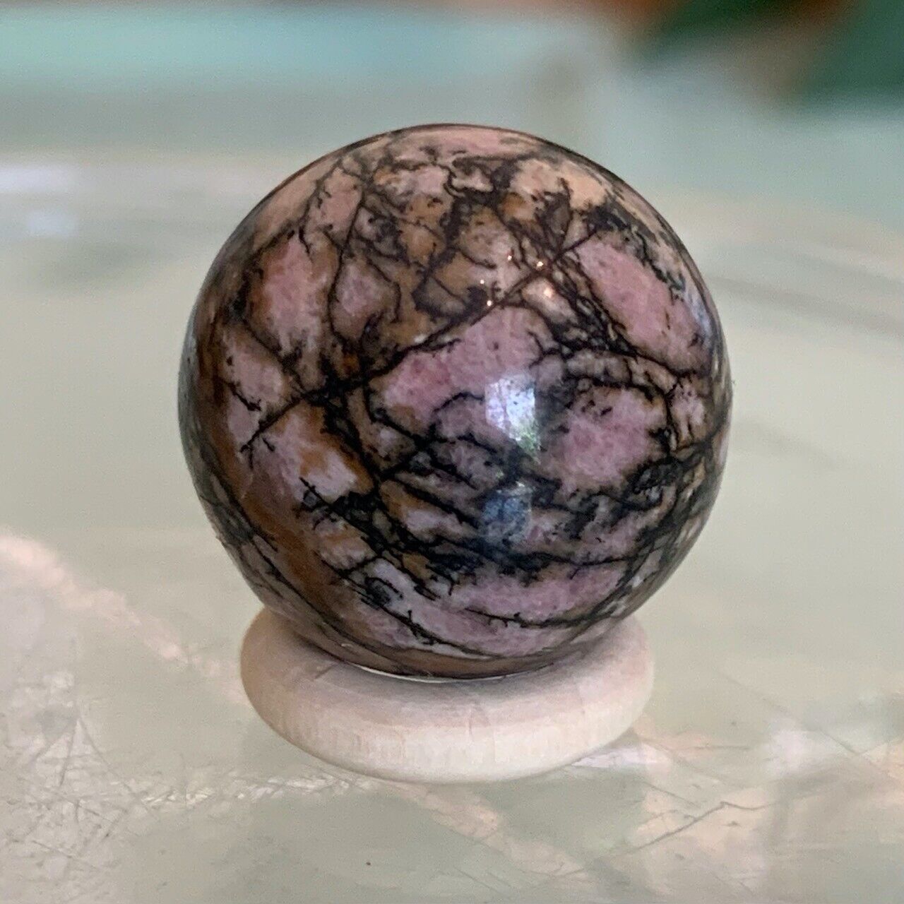 Rhodonite Carved Sphere Crystal Healing Miniature Polished Chakra Stone W Stand