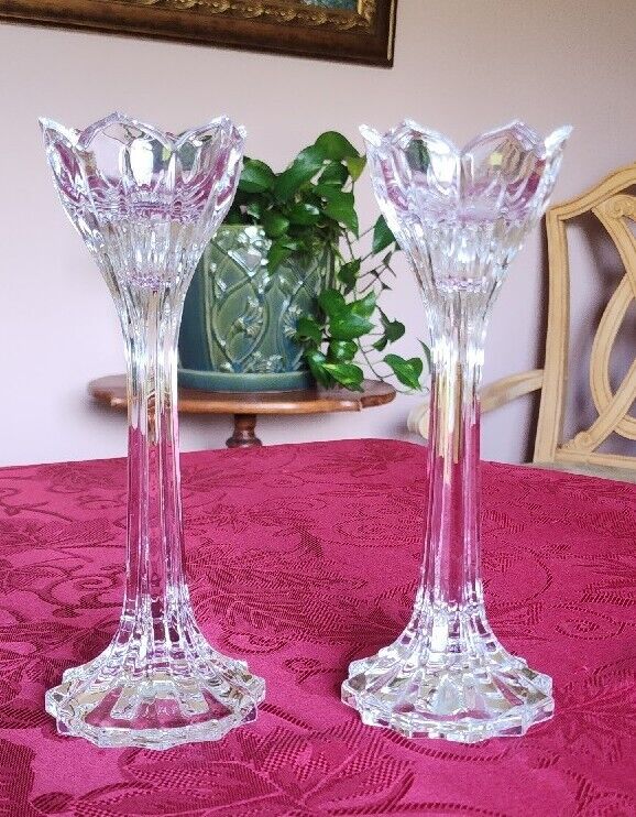 Pair of Gorgeous Heavy Crystal Tulip Shaped Candle Stick Holders