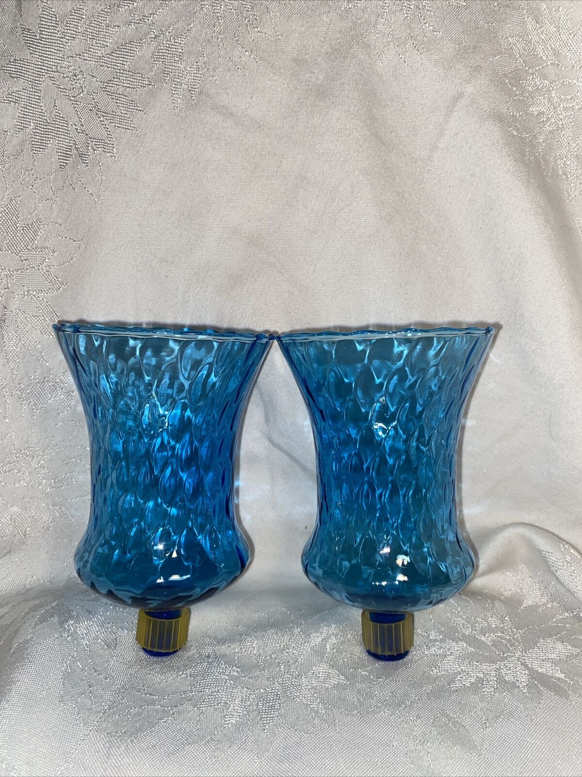 Pair 2 Blue Quilt Glass Peg Votive Candle Cups Home Interiors VTG New Grippers
